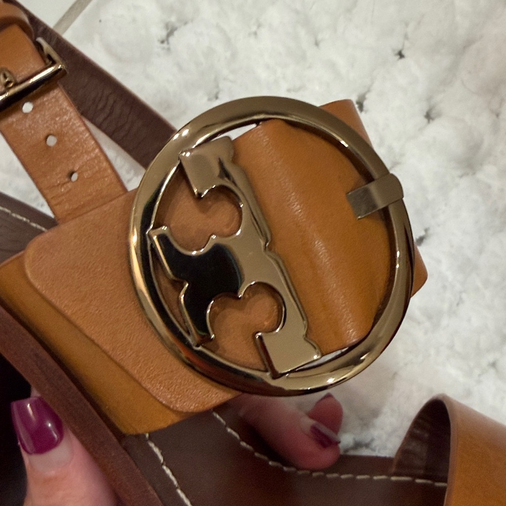 Tory Burch 5.5 Thames MONARK VACHETTA custom tan leather heeled sandals - Picture 11 of 15